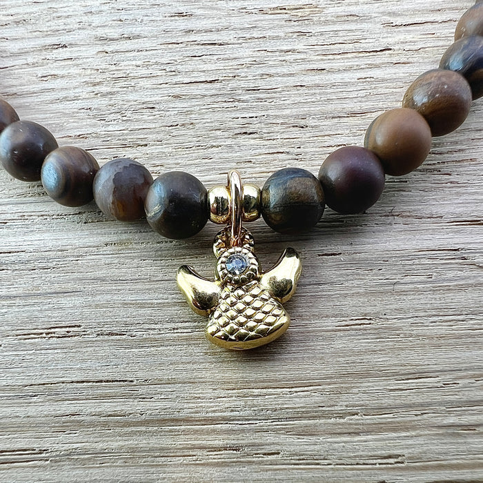 Steinarmband  - Tigeraug matt mit Engel aus Stahl vergoldet