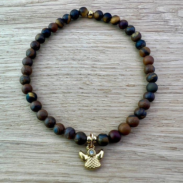 Steinarmband  - Tigeraug matt mit Engel aus Stahl vergoldet